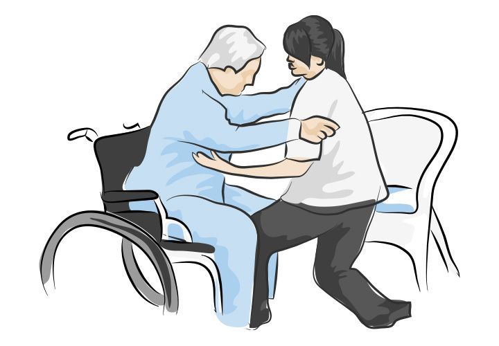 Ilustración de una asistente ayudando a levantarse a un anciano